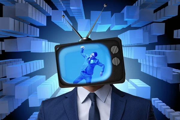 Man with television head in tv addiction concept