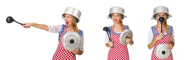 흰 배경에서 외따로 요리하는 여자 — 스톡 사진