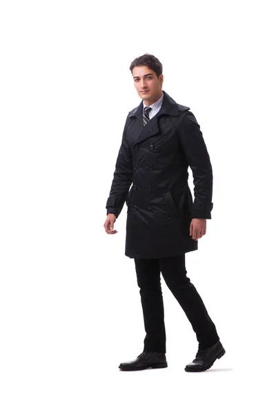 Giovane uomo d'affari indossa cappotto invernale isolato su bianco — Foto Stock