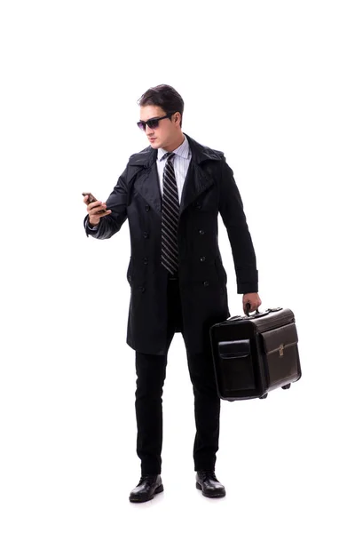 Jeune homme d'affaires avec valise prête pour un voyage d'affaires en blanc — Photo