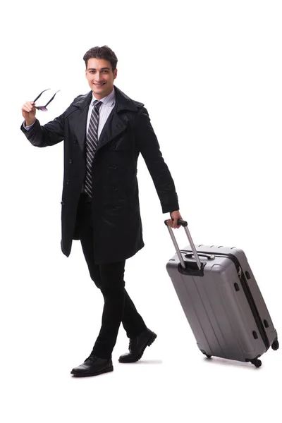 Молодой бизнесмен с чемоданом готов к деловой поездке на белом — стоковое фото