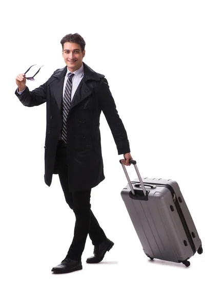 Joven hombre de negocios con maleta listo para viaje de negocios en blanco — Foto de Stock