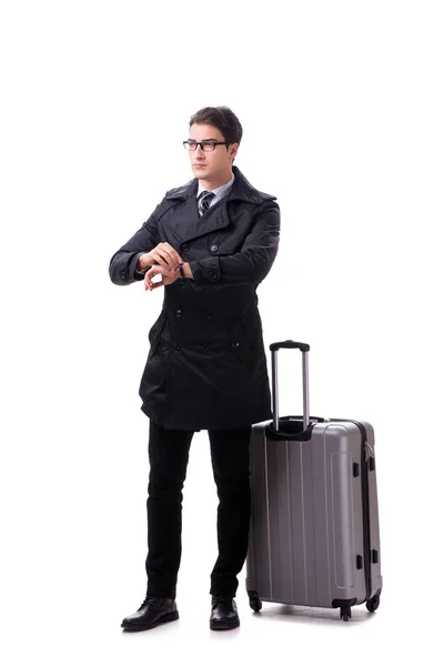 Joven hombre de negocios con maleta listo para viaje de negocios en blanco — Foto de Stock