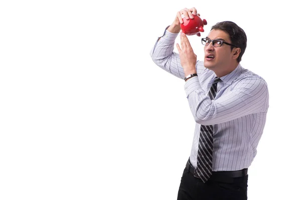 Jonge zakenman met spaarvarken geïsoleerd op witte achtergrond — Stockfoto