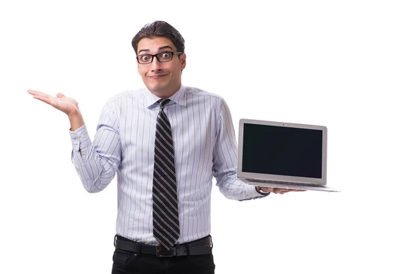 Jonge zakenman met laptop geïsoleerd op witte achtergrond — Stockfoto