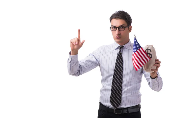 Joven hombre de negocios con bandera americana y saco de dinero en blanco —  Fotos de Stock