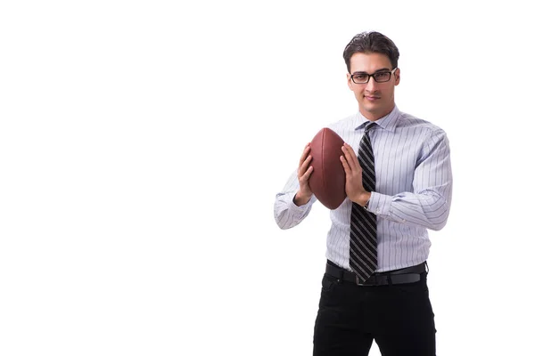 Joven hombre de negocios con fútbol americano aislado en blanco — Foto de Stock