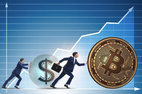 Zakenman duwen Bitcoin in cryptogeld blockchain concept — Stockfoto