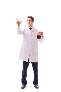 Kan bağışı konsepti olan doktor beyaza izole edilmiş.