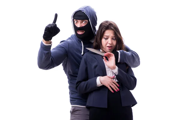 Businesswoman is kidnapped by the knifeman — Stock Photo, Image