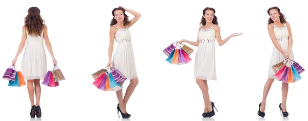 Set di donna con shopping bags su bianco — Foto Stock