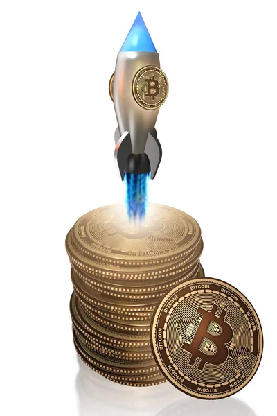 Bitcoins en concepto de criptomoneda blockchain - 3 renderizado —  Fotos de Stock