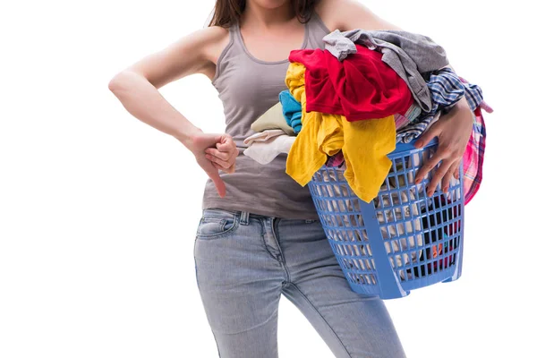 Mujer con cesta de ropa para lavandería —  Fotos de Stock