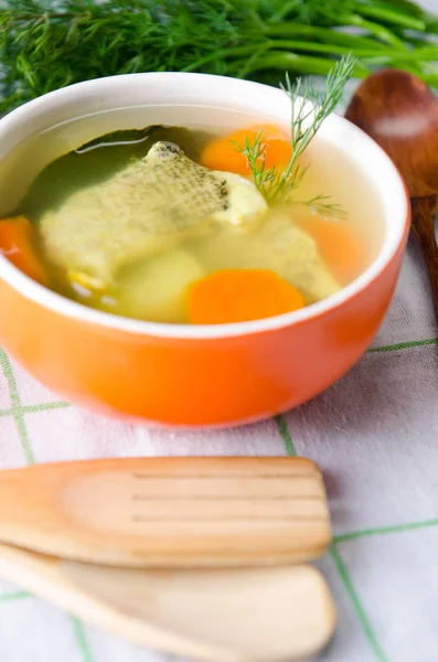 식탁에 차려 놓은 생선 수프 — 스톡 사진