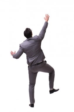 İşadamı beyaz üzerine izole edilmiş sanal engeli tırmanıyor