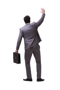 İşadamı beyaz üzerine izole edilmiş sanal engeli tırmanıyor