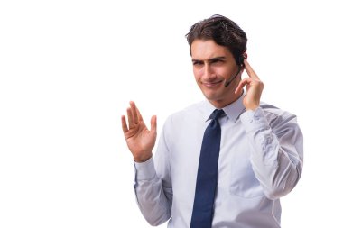 Kulaklıklı adam beyaz arkaplanda izole edilmiş.