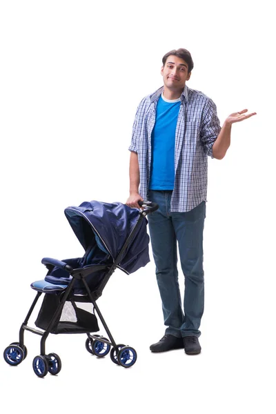 Młody tata z wózkiem dziecięcym na białym — Zdjęcie stockowe