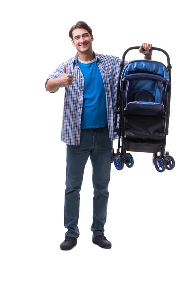 Junger Vater mit Kinderwagen isoliert auf weißem Grund — Stockfoto