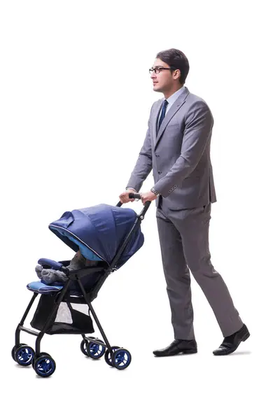 Young businessman nursing child in pram isolated on white — Stock Photo, Image