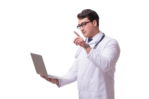 Médico en telemediina concepto de mhealth en blanco — Foto de Stock