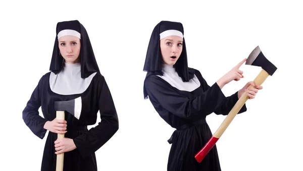 Nun with axe isolated on white — Stock Photo, Image