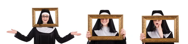 Jovem freira com moldura isolada em branco — Fotografia de Stock