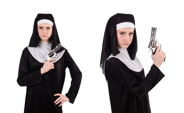 Nun with handgun isolated on white — Stock Photo, Image