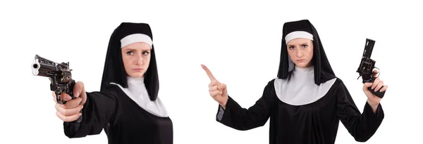 Aiming young nun with gun isolated on white — Stock Photo, Image