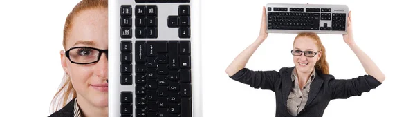 Frau mit Tastatur isoliert auf weiß — Stockfoto