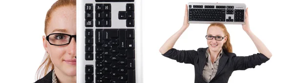 Mulher com teclado isolado no branco — Fotografia de Stock