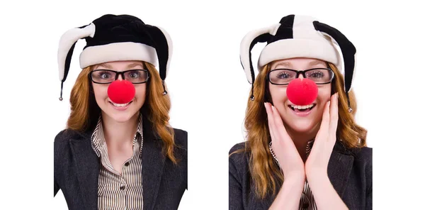 Femme drôle clown isolé sur le blanc — Photo