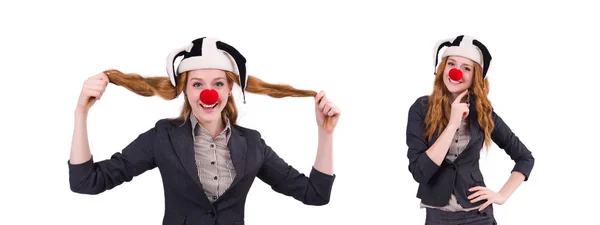 Забавна жінка клоун ізольована на білому — стокове фото