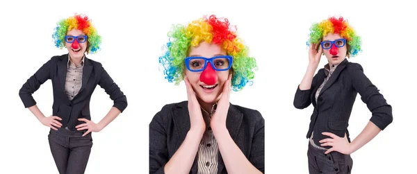 Lustige Frau Clown isoliert auf dem weißen — Stockfoto
