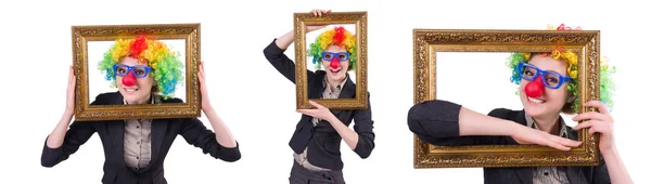 Drôle clown fille avec cadre isolé sur blanc — Photo