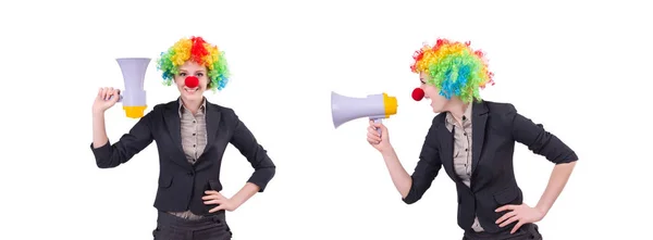 Бізнес-леді клоун з гучномовцем ізольовані на білому — стокове фото