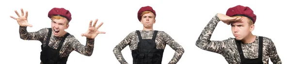 Zabawny żołnierz w wojskowych koncepcja na białym tle — Zdjęcie stockowe