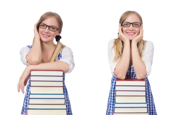 Studente divertente con pila di libri — Foto Stock