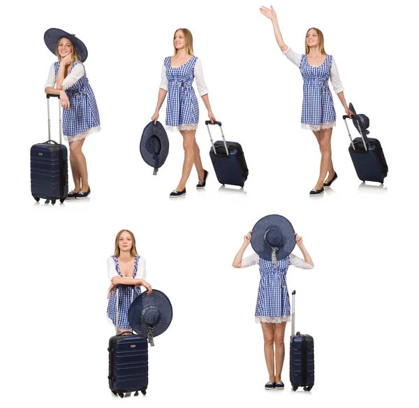 Mulher pronta para viajar de verão isolado em branco — Fotografia de Stock