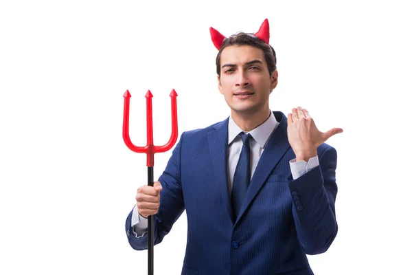 Evil devil businessman with pitchfork isolated on white backgrou — Stock Photo, Image