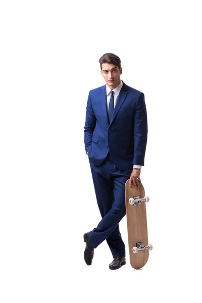 スケートボードを持つビジネスマンは白い背景に隔離された — ストック写真