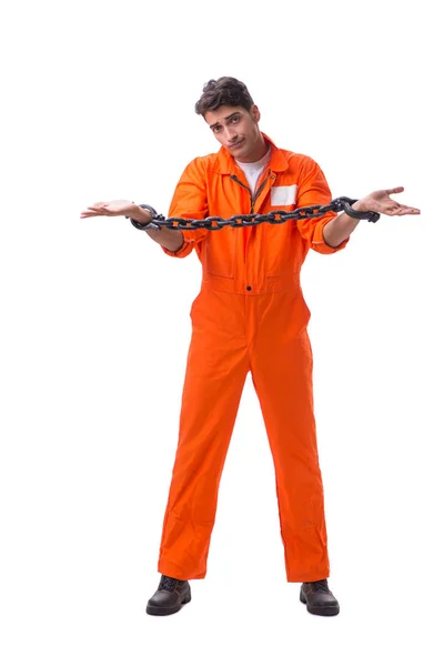 Prisioneiro com as mãos acorrentadas, isolado sobre fundo branco — Fotografia de Stock