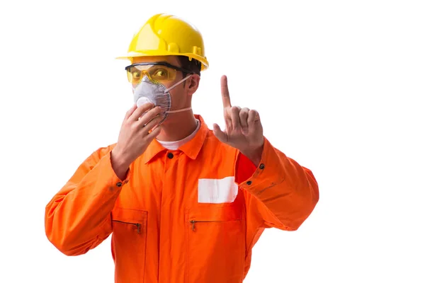 Construction worker with protective mask isolated on white — Stock Photo, Image