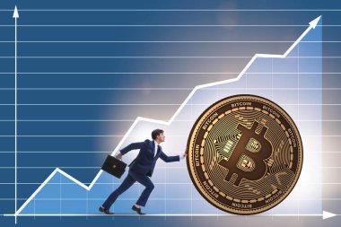 İşadamı, kripto para zinciri konseptinde bitcoin basıyor