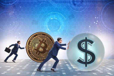 İşadamı, kripto para zinciri konseptinde bitcoin basıyor