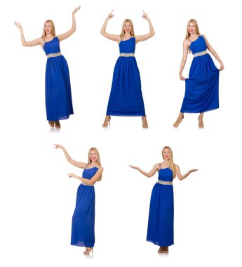 Uzun mavi elbiseli güzel kadın, beyaz tenli.