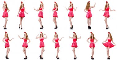 Mini pembe elbiseli, beyaz tenli güzel bir manken.