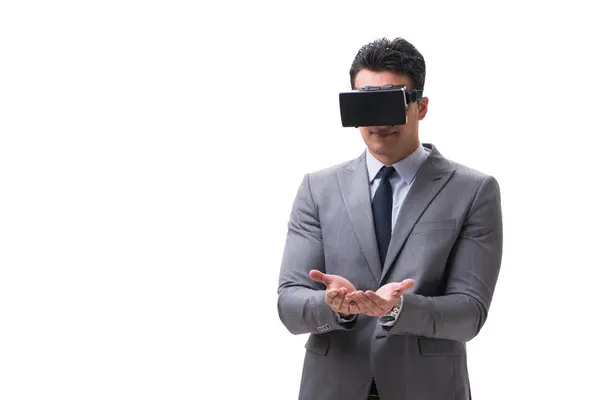 Hombre de negocios con gafas VR de realidad virtual aisladas en blanco —  Fotos de Stock