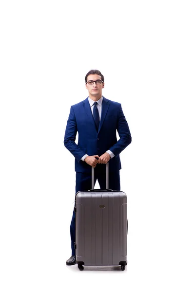 Молодой бизнесмен с чемоданом на белом фоне — стоковое фото
