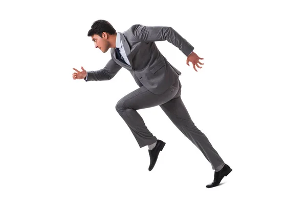 Joven hombre de negocios corriendo hacia adelante aislado en blanco — Foto de Stock